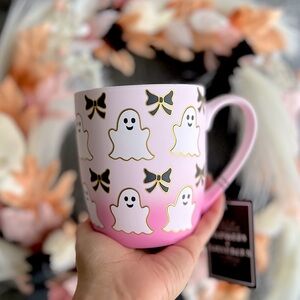 ✨NEW👻Cobwebs and Cauldrons Pink Soft Touch Ghosts and Bows Mug🩷
